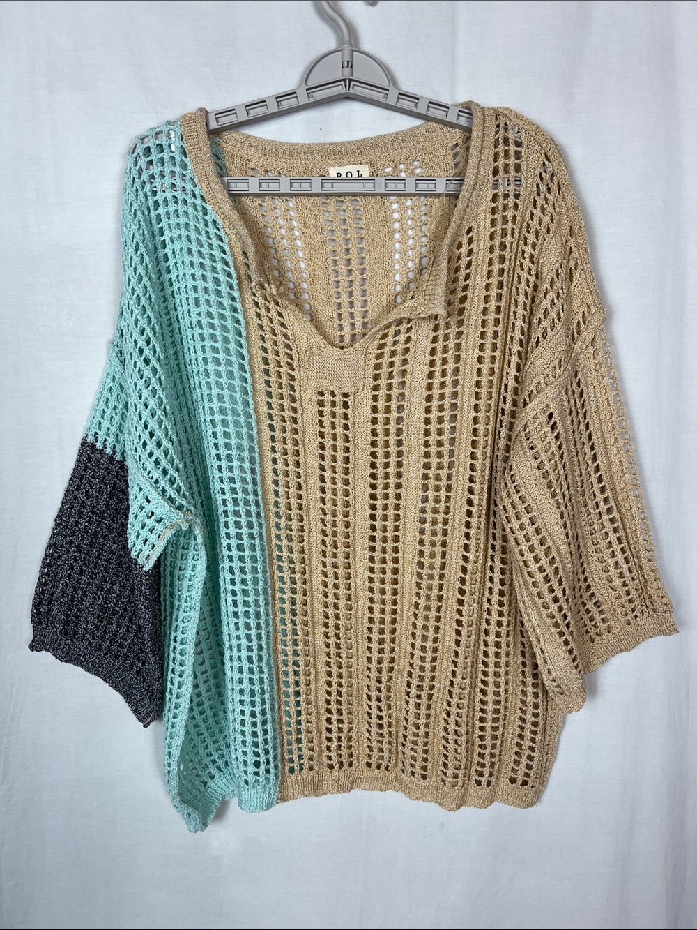 POL Tan and Blue Oversized Crochet Blouse Coverup